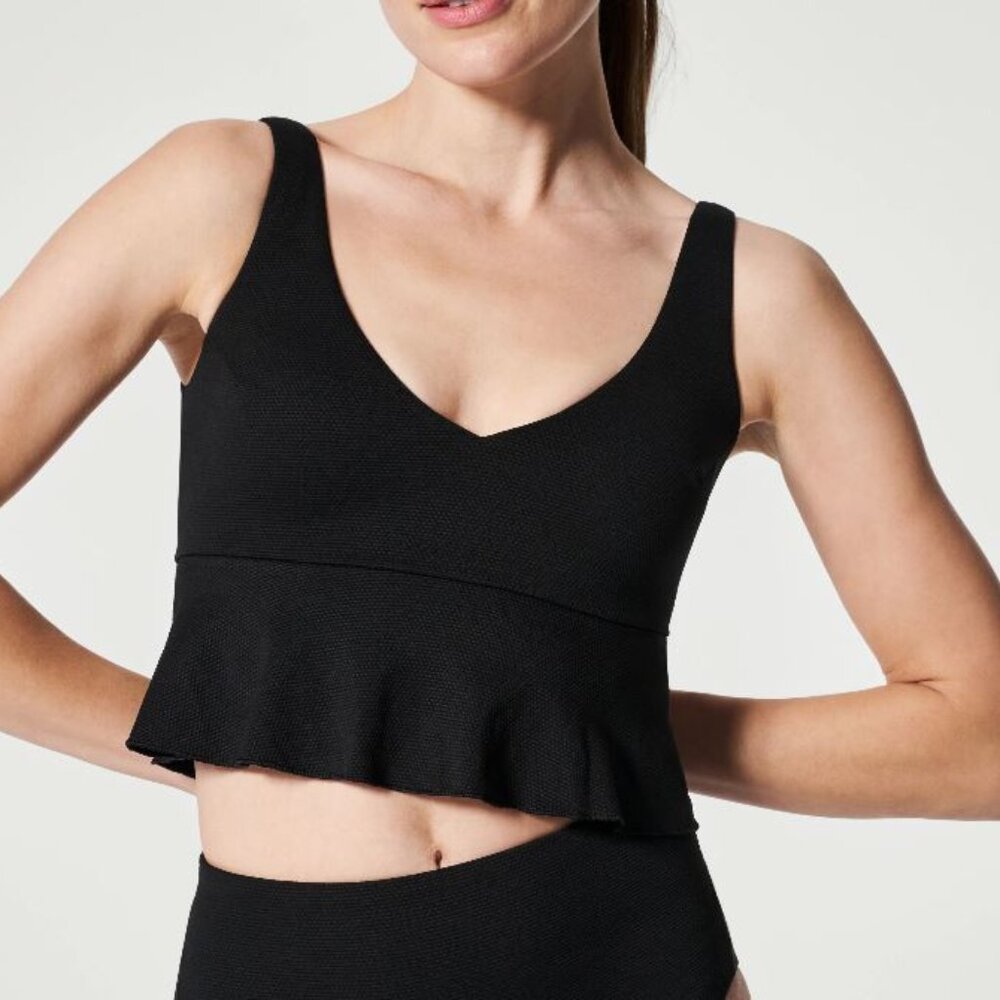 Spanx Swim Black Pique Longline Flounce V-Neck Top Size S